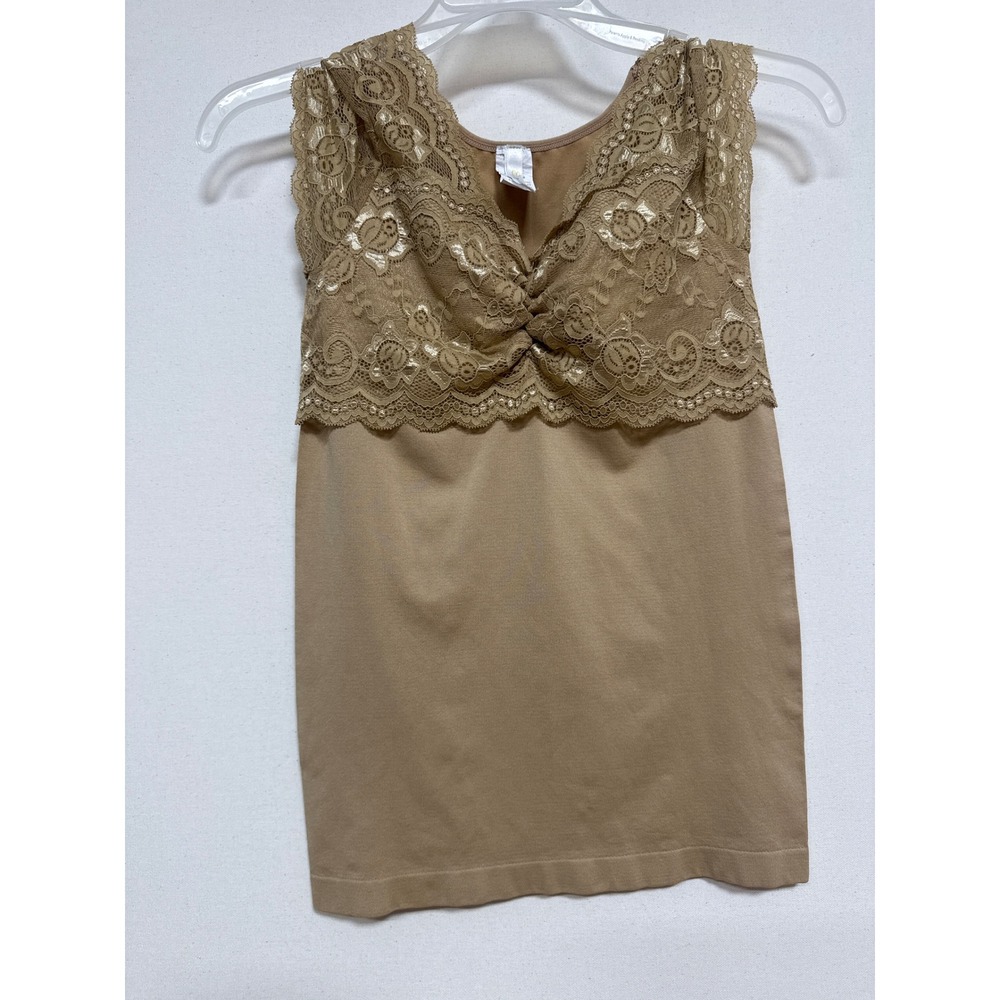 Enigma Tan Lace Bust Camisole Sleeveless Top Twisted Front Stretch Tank